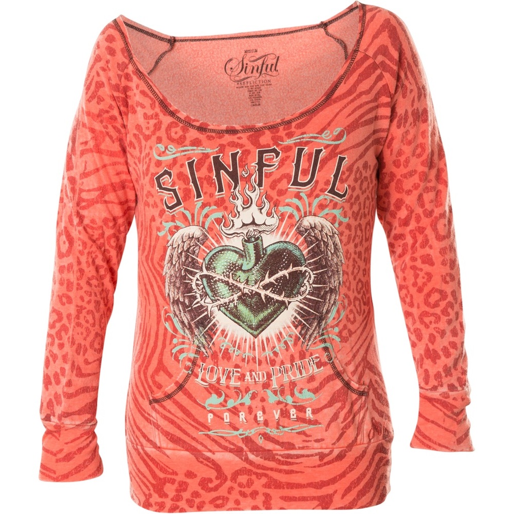 Sinful Woman’s Medium Coral Off-Shoulder Graphic Sweater With Heart Sequins